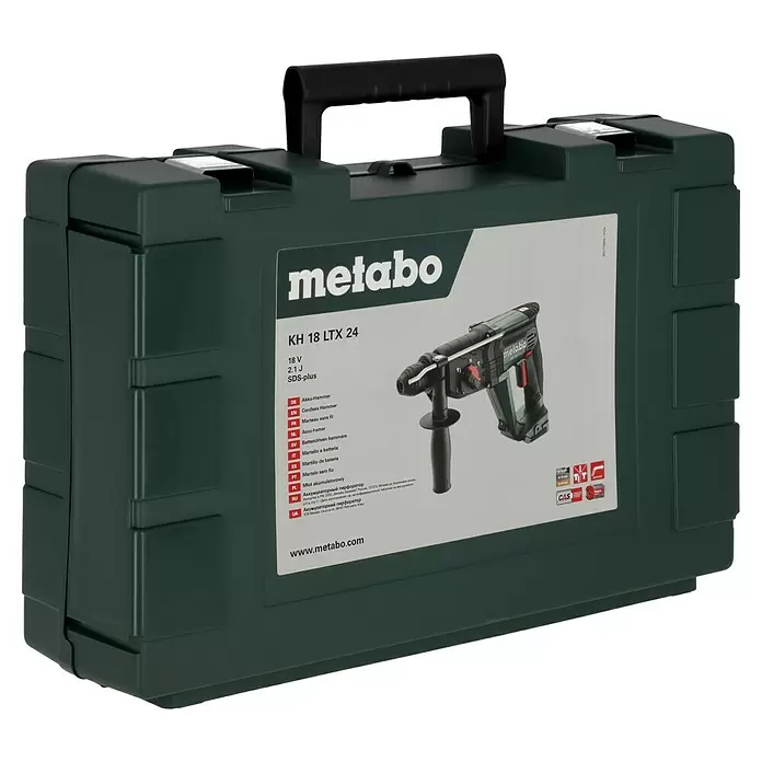 Metabo CAS 18V Martillo combinado de batería KH 18 LTX 24 - 18 V, Sin batería, 2,1 J - Maleta de herramientas Metabo gris-verde oscuro con una etiqueta que muestra el taladro percutor inalámbrico 'KH 18 LTX 24' y especificaciones.