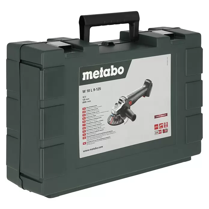 Metabo CAS 18V Amoladora angular de batería W 18 L 9-125 - 18 V, Sin batería, Diámetro disco: 125 mm - Maletín de plástico verde oscuro para amoladora angular Metabo a batería, con etiqueta.