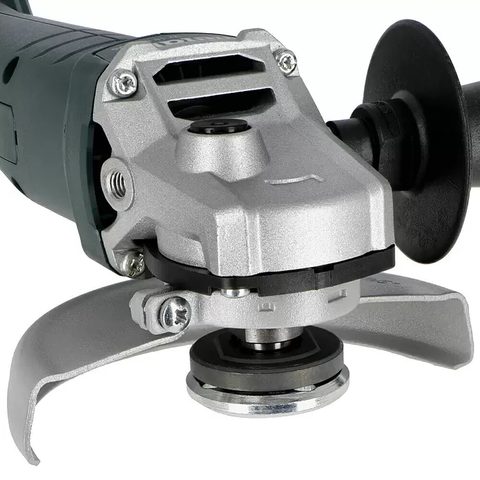 Metabo CAS 18V Amoladora angular de batería W 18 L 9-125 - 18 V, Sin batería, Diámetro disco: 125 mm - Primer plano de una amoladora angular gris y plateada, mostrando carcasa metálica, protector y soporte de mango negro.