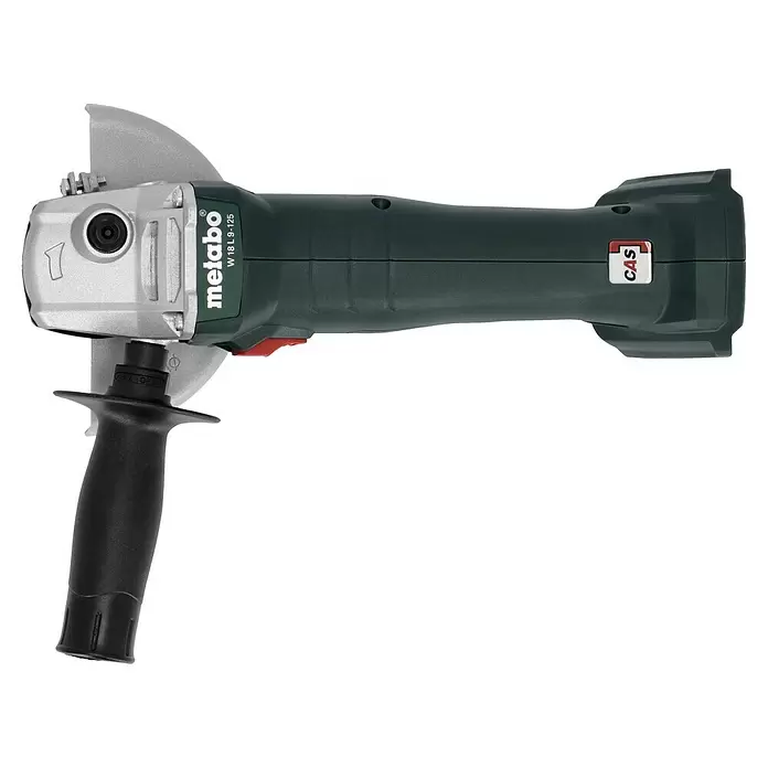 Metabo CAS 18V Amoladora angular de batería W 18 L 9-125 - 18 V, Sin batería, Diámetro disco: 125 mm - Amoladora angular inalámbrica Metabo con cabezal gris plateado, cuerpo oscuro y mango negro, con marca CAS.