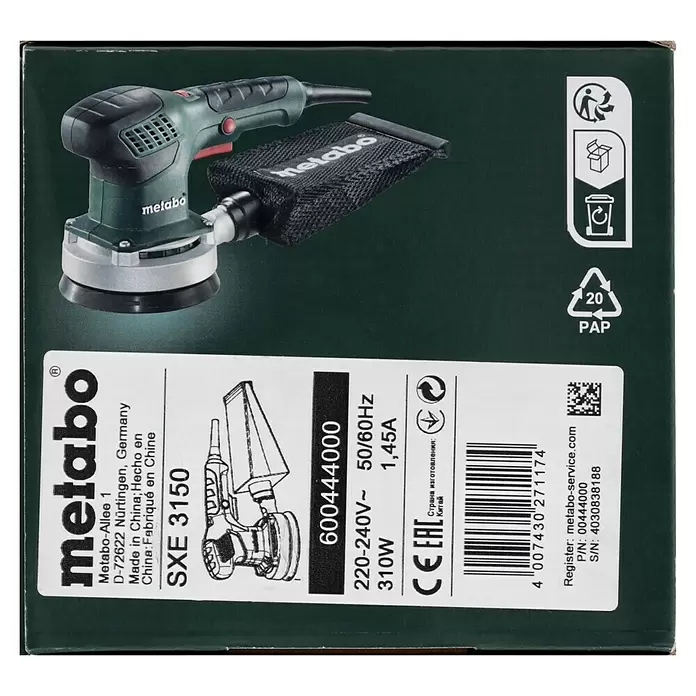 Metabo Lijadora excéntrica eléctrica SXE 3150 - 310 W, Diámetro disco de lija: 150 mm - Lijadora orbital Metabo SXE 3150 verde y negra con bolsa de polvo en su embalaje verde oscuro.