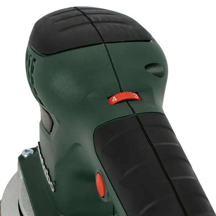 Metabo Exzenterschleifer SXE 3150 - 310 W, Durchmesser Schleifteller: 150 mm - Detailaufnahme einer Metabo Elektrowerkzeugmaschine mit Fokus auf den Geschwindigkeitsregler.