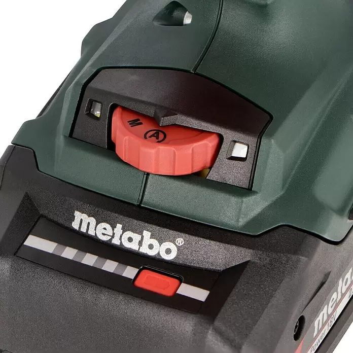 Metabo CAS 18V Atornillador para placas de yeso de batería HBS 18 LTX BL 3000 - 18 V, 2 baterías, 2 Ah - Primer plano de una batería o herramienta eléctrica Metabo verde oscuro y negro, con dial de modo rojo e indicador de batería.