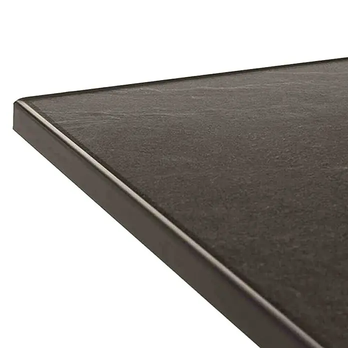 Sieger Boulevard Balkontisch rund - Ø x H: 85 x 73 cm, Stahl, Vivodur, Klappbar, Graphit/Anthrazit - Nahaufnahme einer Tischplatte mit dunkler Oberfläche und abgerundeten Kanten, ideal für moderne Innenräume.
