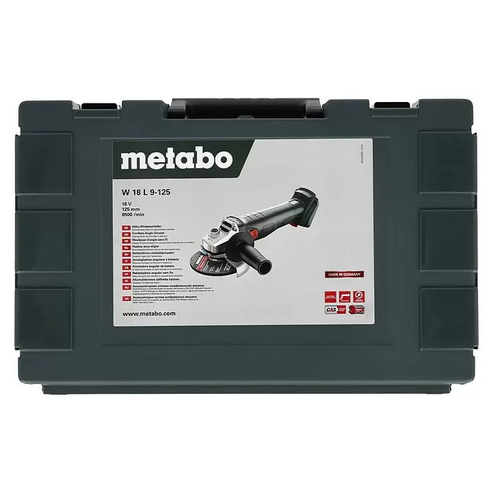 Metabo CAS 18V Amoladora angular de batería W 18 L 9-125 - 18 V, Sin batería, Diámetro disco: 125 mm - Maleta Metabo gris oscuro con amoladora angular de batería W 18 L 9-125, 18V, 125mm, 8500/min. Disco de corte no incluido.