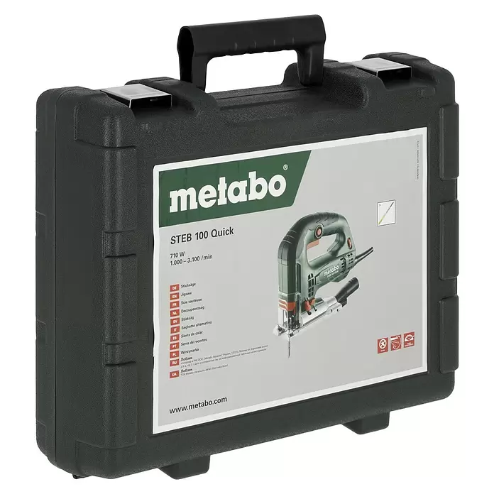 Metabo Caladora eléctrica STEB 100 Quick - 1.000 /min - 3.100 /min, Profundidad de corte máx. en madera: 100 mm, Número de niveles de elevación del péndulo: 4 ud. - Maletín de transporte de plástico verde oscuro para una sierra de calar Metabo STEB 100 Quick, con la herramienta en la etiqueta.