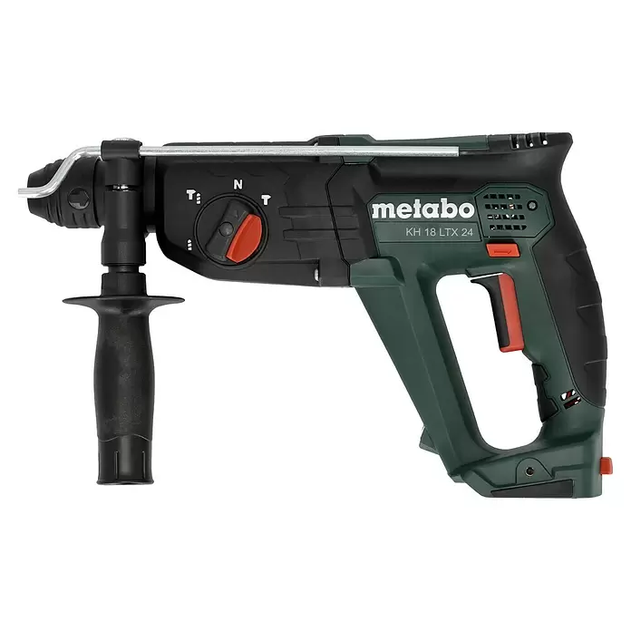 Metabo CAS 18V Akku-Kombihammer KH 18 LTX 24 - 18 V, Ohne Akku, 2,1 J - Grün-schwarzer Metabo KH 18 LTX 24 Bohrhammer mit Zusatzgriff und rotem Moduswähler.
