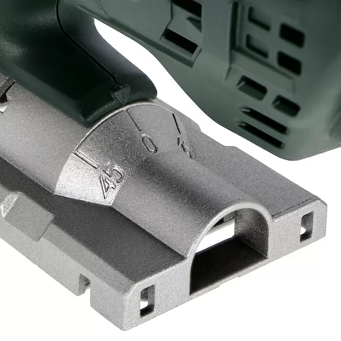 Metabo Caladora eléctrica STEB 100 Quick - 1.000 /min - 3.100 /min, Profundidad de corte máx. en madera: 100 mm, Número de niveles de elevación del péndulo: 4 ud. - Placa base de sierra de calar con ajuste de ángulo de 0 a 45 grados, hecha de metal gris plateado y plástico verde oscuro.