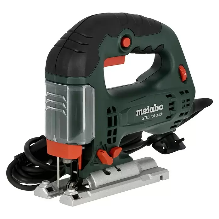Metabo Caladora eléctrica STEB 100 Quick - 1.000 /min - 3.100 /min, Profundidad de corte máx. en madera: 100 mm, Número de niveles de elevación del péndulo: 4 ud. - Sierra de calar Metabo verde oscuro y negra con detalles naranjas y base metálica, con protector de hoja transparente.
