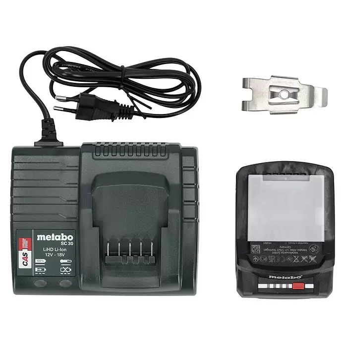 Metabo CAS 18V Atornillador para placas de yeso de batería HBS 18 LTX BL 3000 - 18 V, 2 baterías, 2 Ah - Cargador Metabo SC 30 con cable de alimentación, batería LiHD Li-Ion 12V-18V y clip de cinturón metálico.