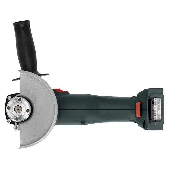 Metabo CAS 18V Amoladora angular de batería W 18 L 9-125 - 18 V, Sin batería, Diámetro disco: 125 mm - Amoladora angular a batería verde oscuro con protector de disco plateado y mango lateral negro.