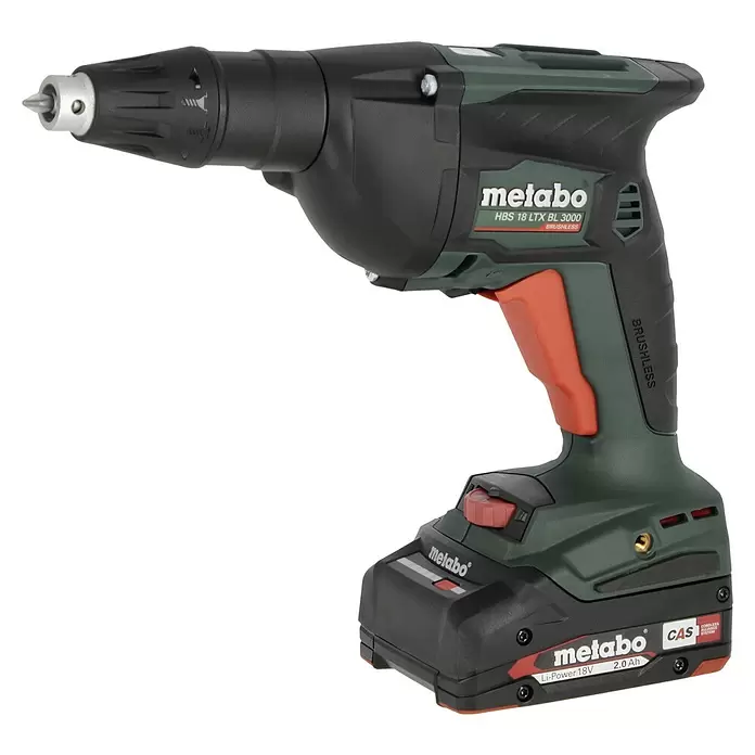 Metabo CAS 18V Atornillador para placas de yeso de batería HBS 18 LTX BL 3000 - 18 V, 2 baterías, 2 Ah - Atornillador para pladur a batería, Metabo HBS 18 LTX BL 3000, verde y negro con detalles naranjas, alimentado por una batería Li-Power de 18V.