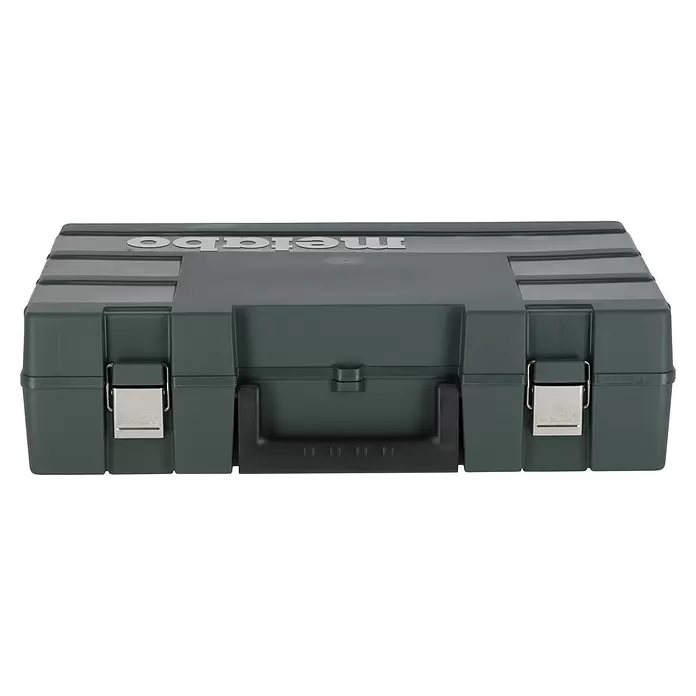 Metabo CAS 18V Amoladora angular de batería W 18 L 9-125 - 18 V, Sin batería, Diámetro disco: 125 mm - Maletín de herramientas Metabo de plástico verde oscuro con cierres metálicos y asa negra.