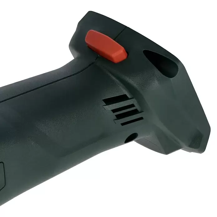 Metabo CAS 18V Amoladora angular de batería W 18 L 9-125 - 18 V, Sin batería, Diámetro disco: 125 mm - Empuñadura gris oscuro de herramienta eléctrica con botón de gatillo rojo y ranuras de ventilación.