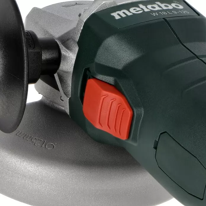 Metabo CAS 18V Amoladora angular de batería W 18 L 9-125 - 18 V, Sin batería, Diámetro disco: 125 mm - Primer plano de una amoladora angular Metabo verde oscuro y plateada con un prominente interruptor rojo y superficies texturizadas.