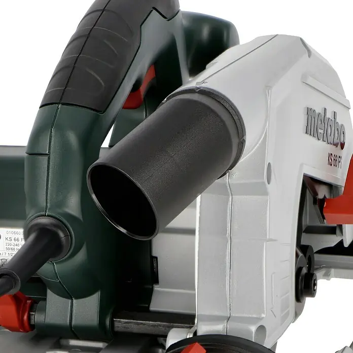 Metabo Handkreissäge KS 66FS1.500 W, Durchmesser Sägeblatt: 190 mm, Schnitttiefe bei 90 °: 66 mm - Nahaufnahme der Metabo KS 66 FS Kreissäge, die ein detailliertes Design und hochwertige Verarbeitung zeigt.