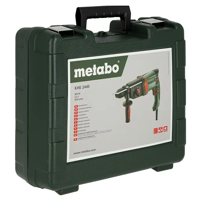 Metabo Kombihammer KHE 2445 - 800 W, 2,4 J, SDS-Plus-Aufnahme - Eine grüne Metabo KHE 2445 Kombihammer-Bohrmaschine im Werkzeugkasten, ideal für Profis und Heimwerker.