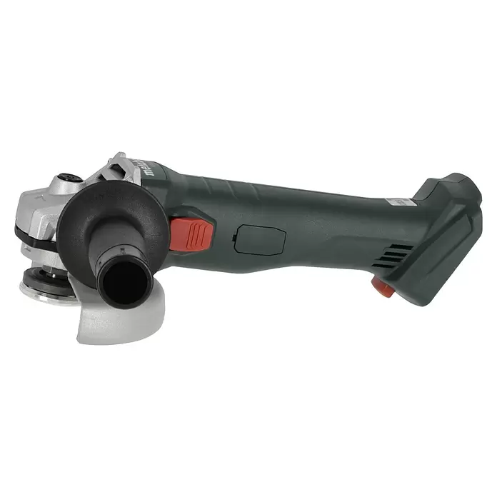 Metabo CAS 18V Amoladora angular de batería W 18 L 9-125 - 18 V, Sin batería, Diámetro disco: 125 mm - Amoladora angular verde oscuro y plateada con empuñadura auxiliar negra e interruptor rojo.