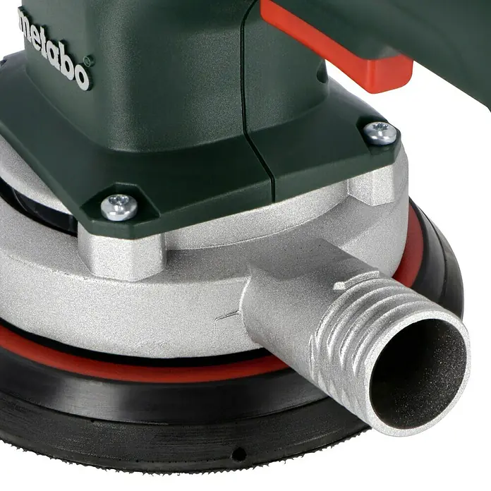 Metabo Exzenterschleifer SXE 3150 - 310 W, Durchmesser Schleifteller: 150 mm - Nahaufnahme eines Metabo Schleifers, der die hochwertige Verarbeitung und das robuste Design des Elektrowerkzeugs hervorhebt.