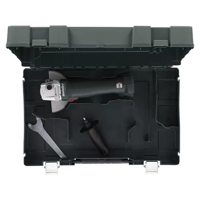 Metabo CAS 18V Amoladora angular de batería W 18 L 9-125 - 18 V, Sin batería, Diámetro disco: 125 mm - Amoladora angular Metabo en una caja de plástico gris oscuro, con una llave y un mango lateral.