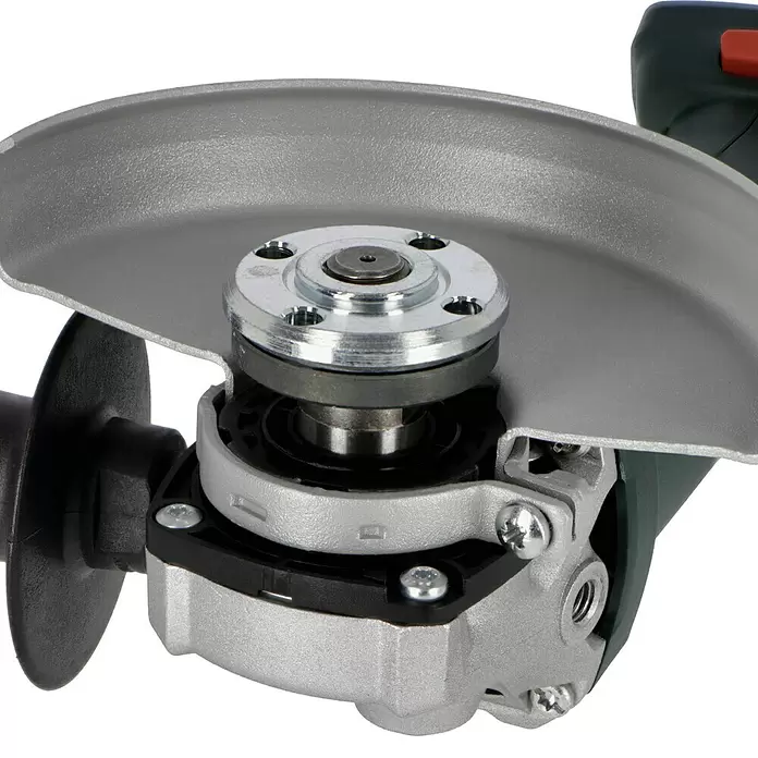Metabo CAS 18V Amoladora angular de batería W 18 L 9-125 - 18 V, Sin batería, Diámetro disco: 125 mm - Cabezal metálico de una amoladora angular con protector de seguridad gris plateado y husillo.
