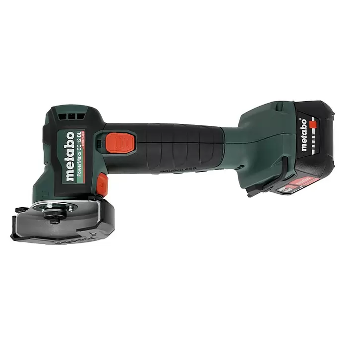 Metabo Akku-Winkelschleifer PowerMaxx CC 12 B - 2 Akkus, 2 Ah, Durchmesser Scheibe: 76 mm - Akku-Winkelschleifer in Grün und Schwarz mit orangefarbenem Knopf und Schutzhaube.