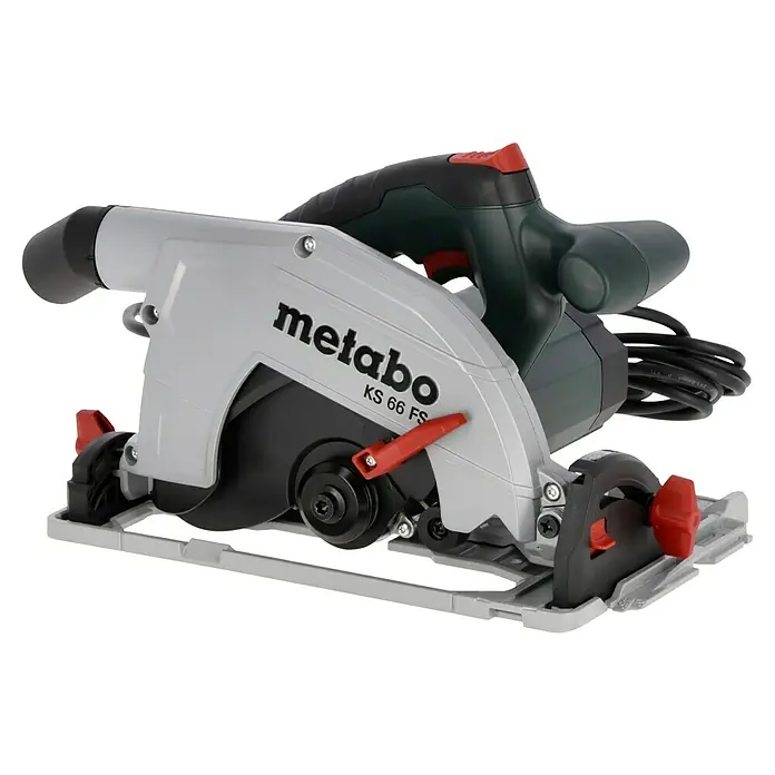 Metabo Handkreissäge KS 66FS1.500 W, Durchmesser Sägeblatt: 190 mm, Schnitttiefe bei 90 °: 66 mm - Das Bild zeigt eine Metabo KS 66 FS Kreissäge, ein professionelles Werkzeug für präzise Holzarbeiten mit robustem Design.