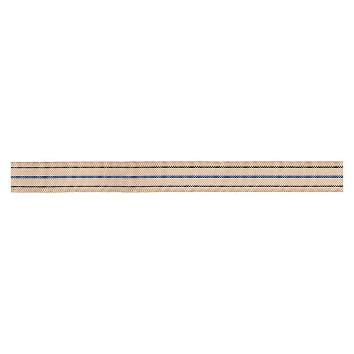 Stabilit Gurtband Meterware - Belastbarkeit: 380 kg, Breite: 60 mm, Polypropylen, Hanffarben - Ein horizontales beiges Webband mit blauen und schwarzen Linien, perfekt für kreative DIY-Projekte und individuelle Dekorationen.