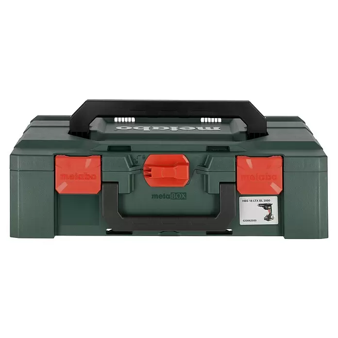 Metabo CAS 18V Atornillador para placas de yeso de batería HBS 18 LTX BL 3000 - 18 V, 2 baterías, 2 Ah - Maletín de herramientas Metabo metaBOX verde oscuro con cierres rojos y asas negras, con etiqueta del producto.