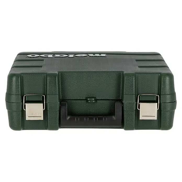 Metabo Kombihammer KHE 2445 - 800 W, 2,4 J, SDS-Plus-Aufnahme - Ansicht von vorne des Metabo Werkzeugkoffers, der eine robuste Konstruktion mit silbernen Verschlüssen und einem schwarzen Griff aufweist.