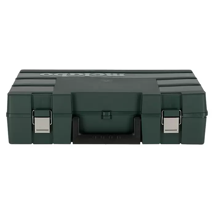 Metabo CAS 18V Martillo combinado de batería KH 18 LTX 24 - 18 V, Sin batería, 2,1 J - Maletín de herramientas de plástico verde oscuro con asa negra y cierres metálicos plateados.