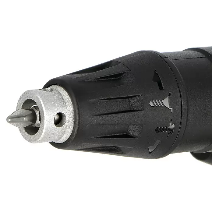 Metabo CAS 18V Atornillador para placas de yeso de batería HBS 18 LTX BL 3000 - 18 V, 2 baterías, 2 Ah - Primer plano de la cabeza de un destornillador eléctrico negro y plateado con punta Phillips, mostrando símbolos de dirección.