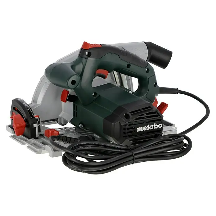 Metabo Handkreissäge KS 66FS1.500 W, Durchmesser Sägeblatt: 190 mm, Schnitttiefe bei 90 °: 66 mm - Eine Metabo-Kreissäge mit Kabel und rotem Knopf, ideal für präzise Schnitte in Holz und anderen Materialien.