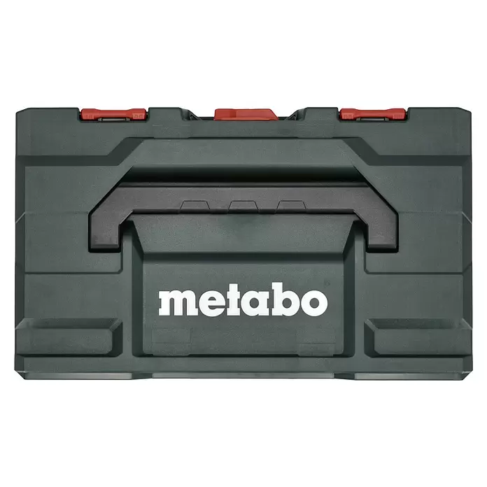 Metabo CAS 18V Atornillador para placas de yeso de batería HBS 18 LTX BL 3000 - 18 V, 2 baterías, 2 Ah - Caja de herramientas Metabo verde oscuro con asa negra y cierres rojos.