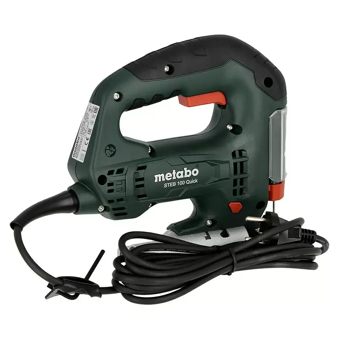 Metabo Caladora eléctrica STEB 100 Quick - 1.000 /min - 3.100 /min, Profundidad de corte máx. en madera: 100 mm, Número de niveles de elevación del péndulo: 4 ud. - Sierra de calar Metabo STEB 100 Quick verde oscuro y negra con cable de alimentación enrollado.