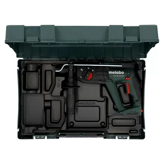 Metabo CAS 18V Martillo combinado de batería KH 18 LTX 24 - 18 V, Sin batería, 2,1 J - Taladro percutor Metabo (KH 18 LTX 24) verde oscuro y negro, guardado en su maleta protectora abierta gris oscuro.