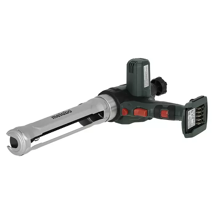 Metabo CAS 18V Pistola de cartuchos de batería KPA 18 LTX 400 - 18 V, Sin batería, Específico para: Cartuchos / Bolsas de plástico de 400 ml - Pistola de sellado inalámbrica Metabo con cuerpo verde oscuro y cañón gris plateado.