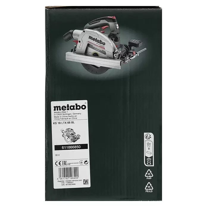 Metabo CAS 18V Sierra circular de batería KS 18 LTX 66 BL - 18 V, Sin batería, 4.800 r.p.m. - Sierra circular inalámbrica Metabo KS 18 LTX 66 BL en su caja de embalaje verde oscuro.