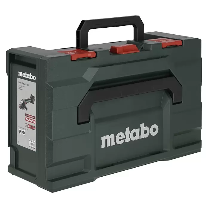 Metabo CAS 18V Amoladora angular de batería W 18 LT BL 11-125 - 18 V, 2 baterías, 4 Ah, Diámetro disco: 125 mm - Maleta de herramientas Metabo verde oscuro con cierres rojos, asa negra y etiqueta de producto con una amoladora.