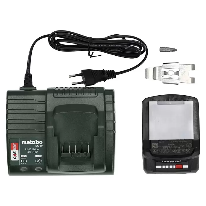 Metabo CAS 18V Atornillador para placas de yeso de batería TBS 18 LTX BL 5000 - 18 V, 2 baterías, 2 Ah - Cargador Metabo SC 30, batería LiHD 12V-18V, punta de destornillador PH2 y clip metálico para cinturón para herramientas.
