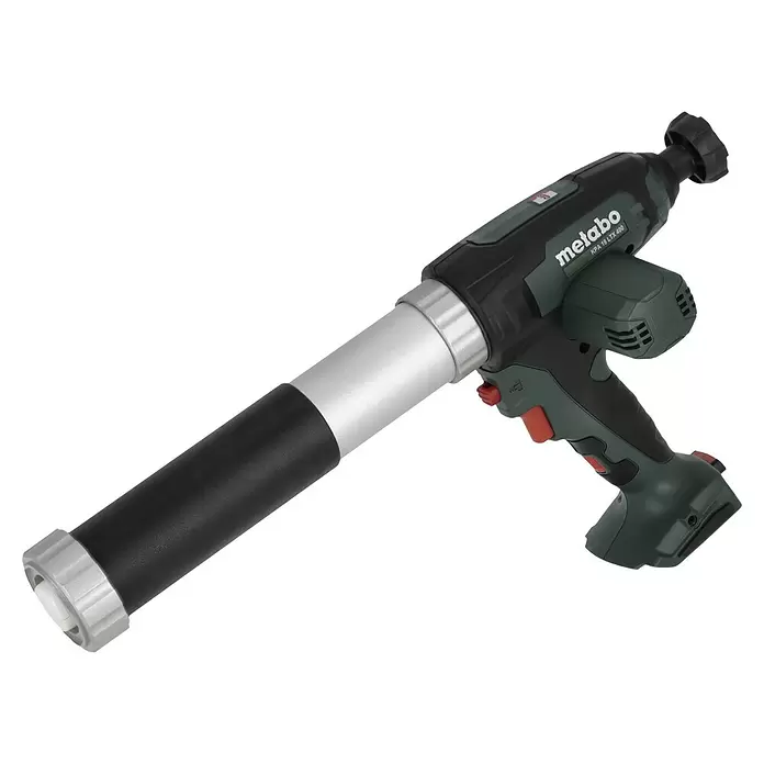 Metabo CAS 18V Pistola de cartuchos de batería KPA 18 LTX 400 - 18 V, Sin batería, Específico para: Cartuchos / Bolsas de plástico de 400 ml - Pistola de calafateo inalámbrica Metabo KPA 18 LTX 400 en verde oscuro y negro, con tubo plateado y negro.