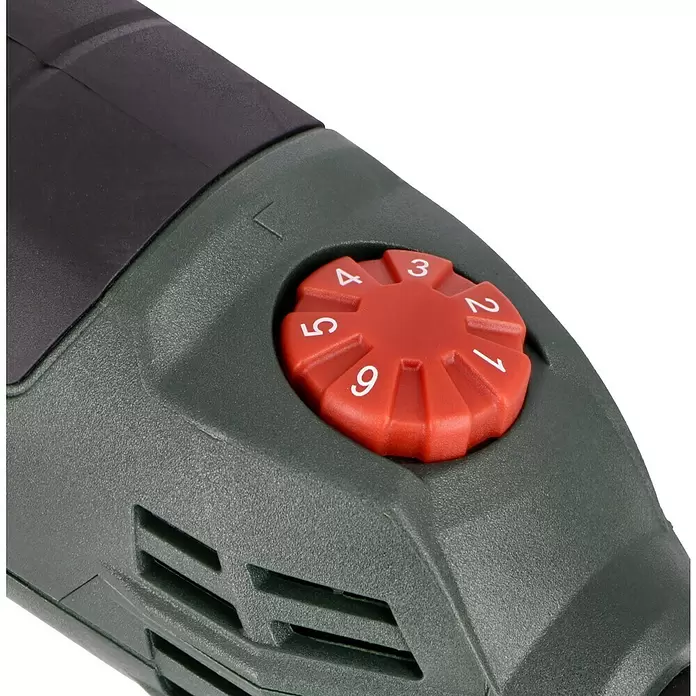 Metabo Herramienta multifunción eléctrica MT 400 Quick - 400 W, Sistema STARLOCK - Primer plano de una carcasa de herramienta eléctrica verde oscuro con un dial giratorio rojo de velocidad mostrando los números 1-9.