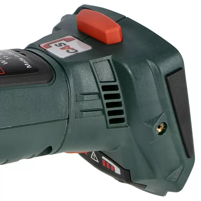 Metabo CAS 18V Amoladora angular de batería W 18 LT BL 11-125 - 18 V, 2 baterías, 4 Ah, Diámetro disco: 125 mm - Primer plano de una carcasa de herramienta eléctrica verde oscuro con un botón naranja, rejillas de ventilación y detalles de etiquetas.