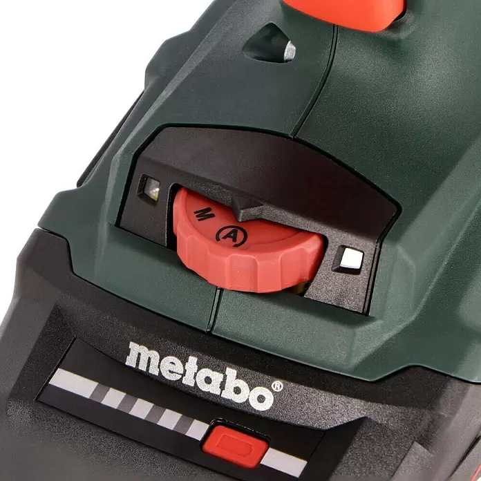 Metabo CAS 18V Atornillador para placas de yeso de batería TBS 18 LTX BL 5000 - 18 V, 2 baterías, 2 Ah - Herramienta Metabo verde oscuro y negro con dial giratorio rojo (M, A), indicador de batería y botón rojo.