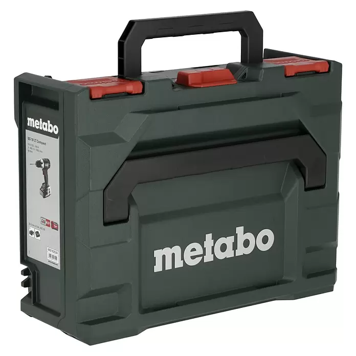 Metabo CAS 18V Taladro atornillador de batería BS 18 LT Compact - 18 V, 2 baterías, 2 Ah, 60 Nm - Maletín de herramientas Metabo verde oscuro con cierres rojos y asa negra, mostrando detalles del producto de un taladro BS 18 LT Compact en el lateral.