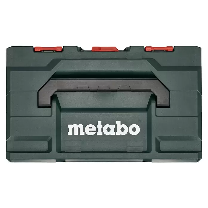 Metabo CAS 18V Amoladora angular de batería W 18 LT BL 11-125 - 18 V, 2 baterías, 4 Ah, Diámetro disco: 125 mm - Maleta de herramientas Metabo verde oscuro con asa negra y cierres rojos para almacenamiento seguro.