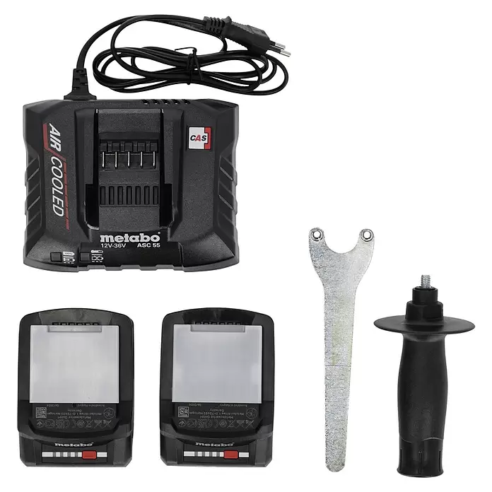 Metabo CAS 18V Amoladora angular de batería W 18 LT BL 11-125 - 18 V, 2 baterías, 4 Ah, Diámetro disco: 125 mm - Un cargador de batería Metabo, dos baterías, una llave de tuercas y un asa auxiliar para herramientas eléctricas.
