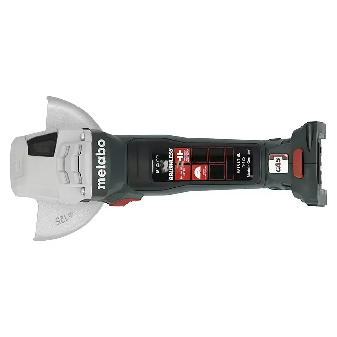 Metabo CAS 18V Amoladora angular de batería W 18 LT BL 11-125 - 18 V, 2 baterías, 4 Ah, Diámetro disco: 125 mm - Una amoladora angular inalámbrica Metabo W 18 LT BL 11-125 en verde oscuro y gris claro con protector de disco de 125 mm, motor sin escobillas y sistema CAS.