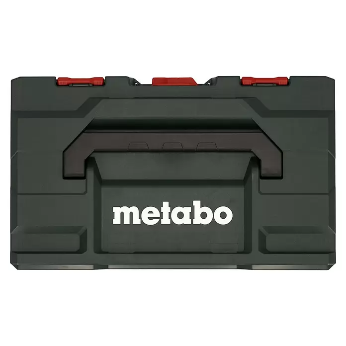 Metabo CAS 18V Atornillador para placas de yeso de batería TBS 18 LTX BL 5000 - 18 V, 2 baterías, 2 Ah - Caja de herramientas Metabo verde oscuro con asa negra y cierres rojos.