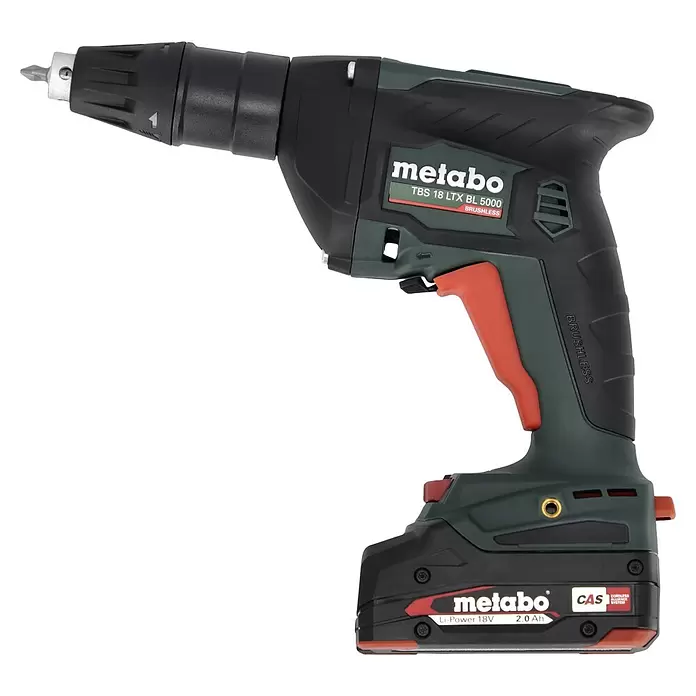 Metabo CAS 18V Atornillador para placas de yeso de batería TBS 18 LTX BL 5000 - 18 V, 2 baterías, 2 Ah - Atornillador inalámbrico Metabo brushless, verde oscuro y negro con detalles rojos y batería Li-Power de 18V.